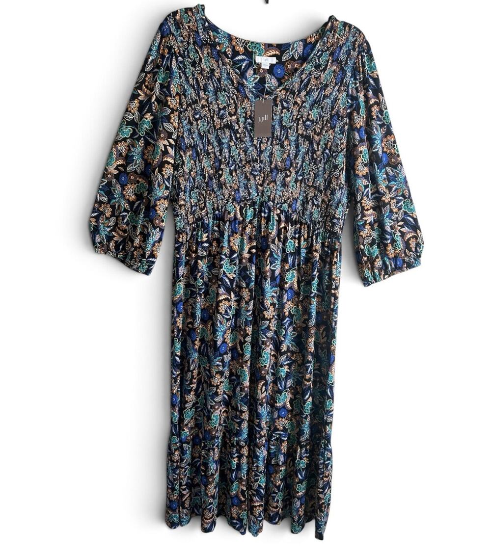 J Jill Tiered Flounced Hem Maxi Dress Womens L NWT Floral Smocked 3/4 Sleeve